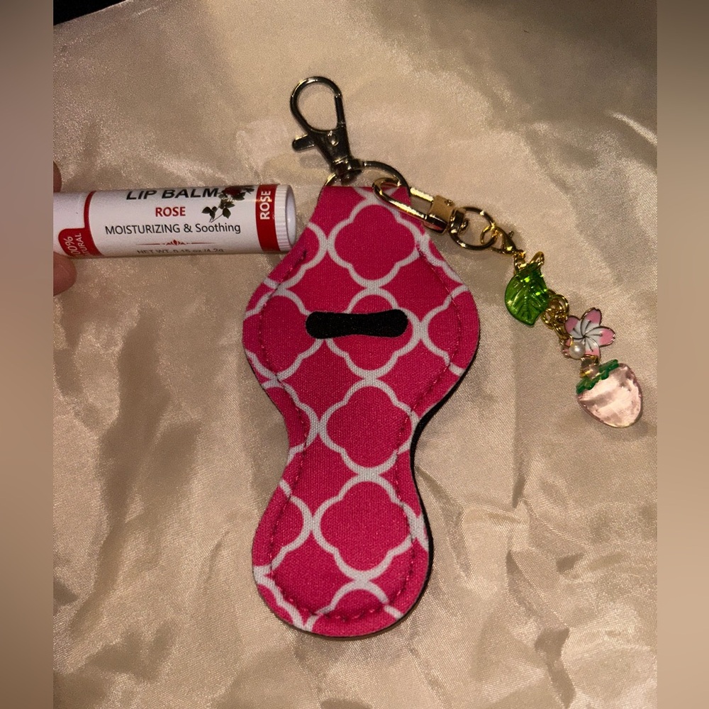 Keychain Chapstick Holder with strawberry charm and chapstick - Picture 3 of 4